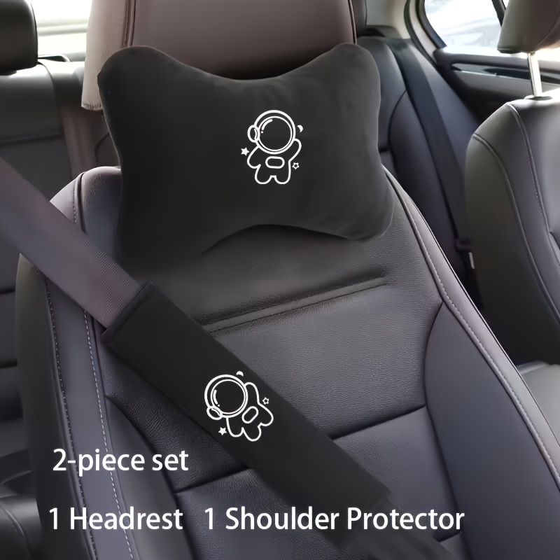TEMU Cartoon Astronaut Car Accessory 2pcs Set, Includes 1 Neck Support Headrest + 1 Seat Belt Shoulder Pad. Simple And Versatile Black Color,