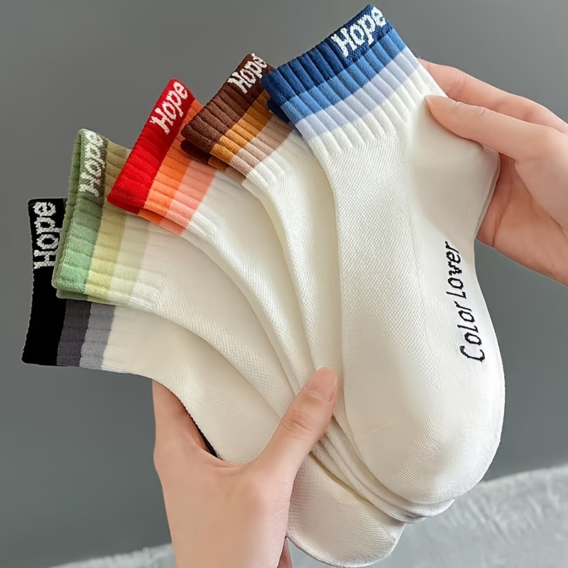 E-shop 5 Paar Damen Frühlings- und Sommer Buchstaben Knöchelsocken - Feuchtigkeitstransportierend, Bunte und Stilvolle Atmungsaktive Mesh Sportsocken -