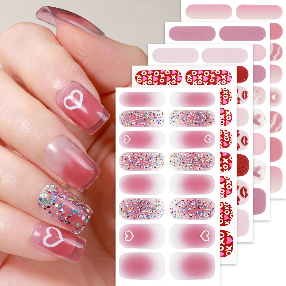 

Valentine's Day 16pcs Nail Polish Strips - Pink , Self-adhesive Full Wraps For Easy Diy Manicure, Sparkle , Disposable