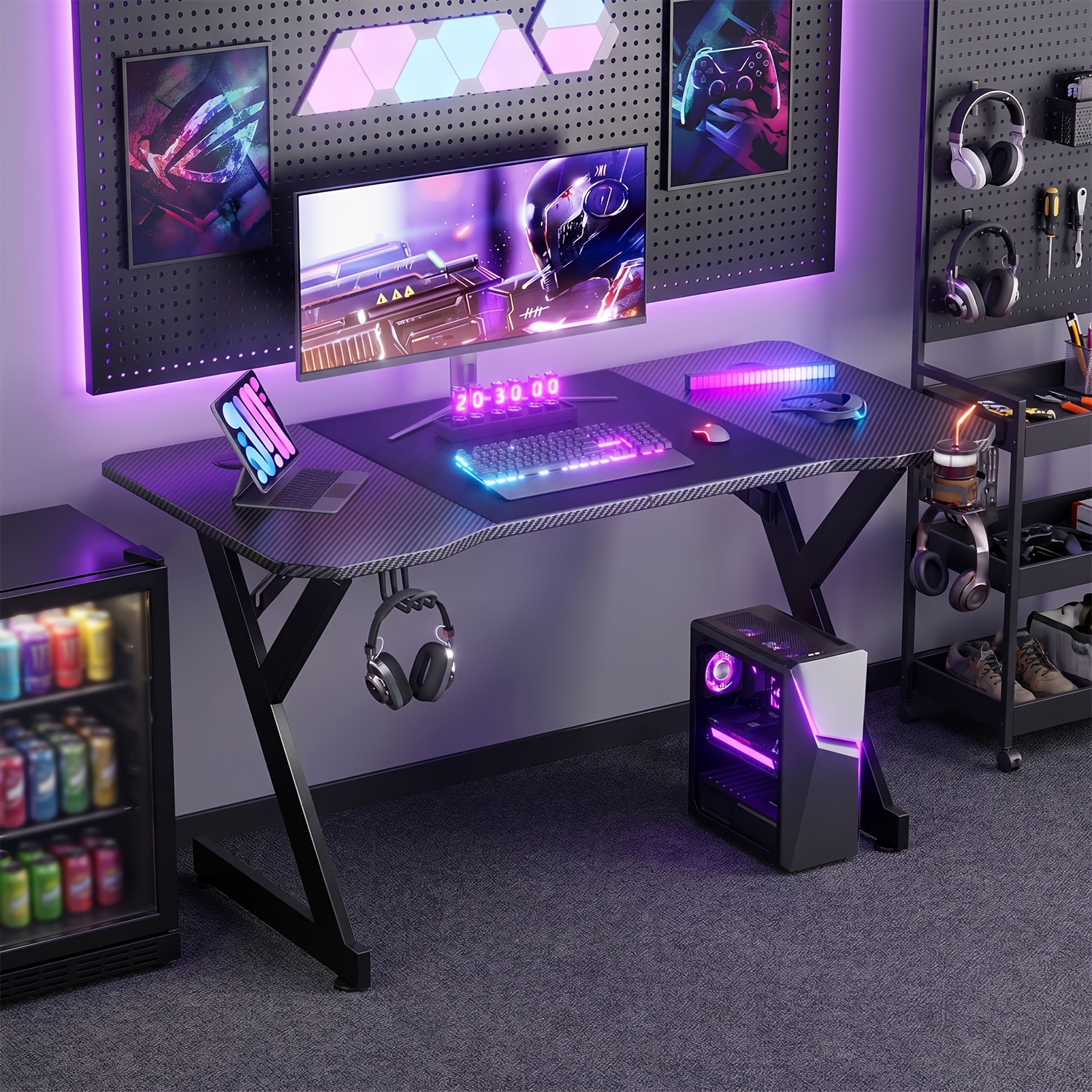 Y-shaped Gaming Desk With Cup Holder And Headphone Hook, Ergonomic Freestanding Desk For Pc , Carbon Fiber Surface - Sturdy Computer Table Suitable For Home Office, Bedside, Black