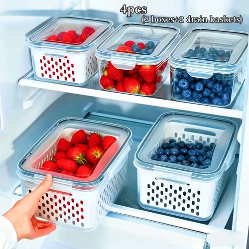 imagem do item conjunto de 4 peças 2 recipientes para armazenar alimentos + 2 cestos escorredores. recipientes de capacidade para armazenar frutas na geladeira com cestos escorredores removíveis, recipientes herméticos para armazenar alimentos, recipientes para produtos agrícolas na geladeira