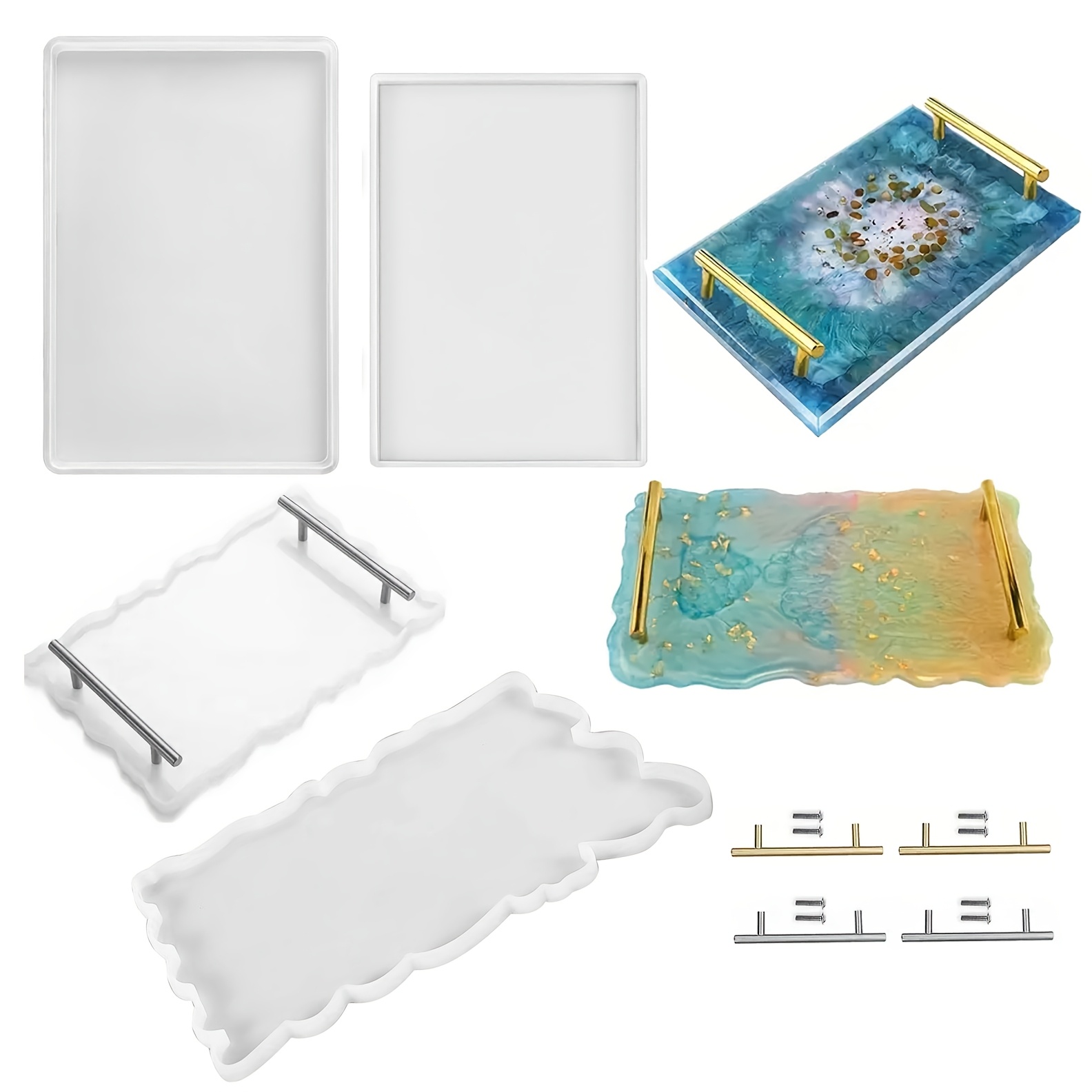 

1pc Large Tray Silicone Molds, Epoxy Resin Tray Mold With Golden & Silvery Handles, Epoxy Resin Casting Molds For Making Artificial Agate Trays, Service Plates Display Tray