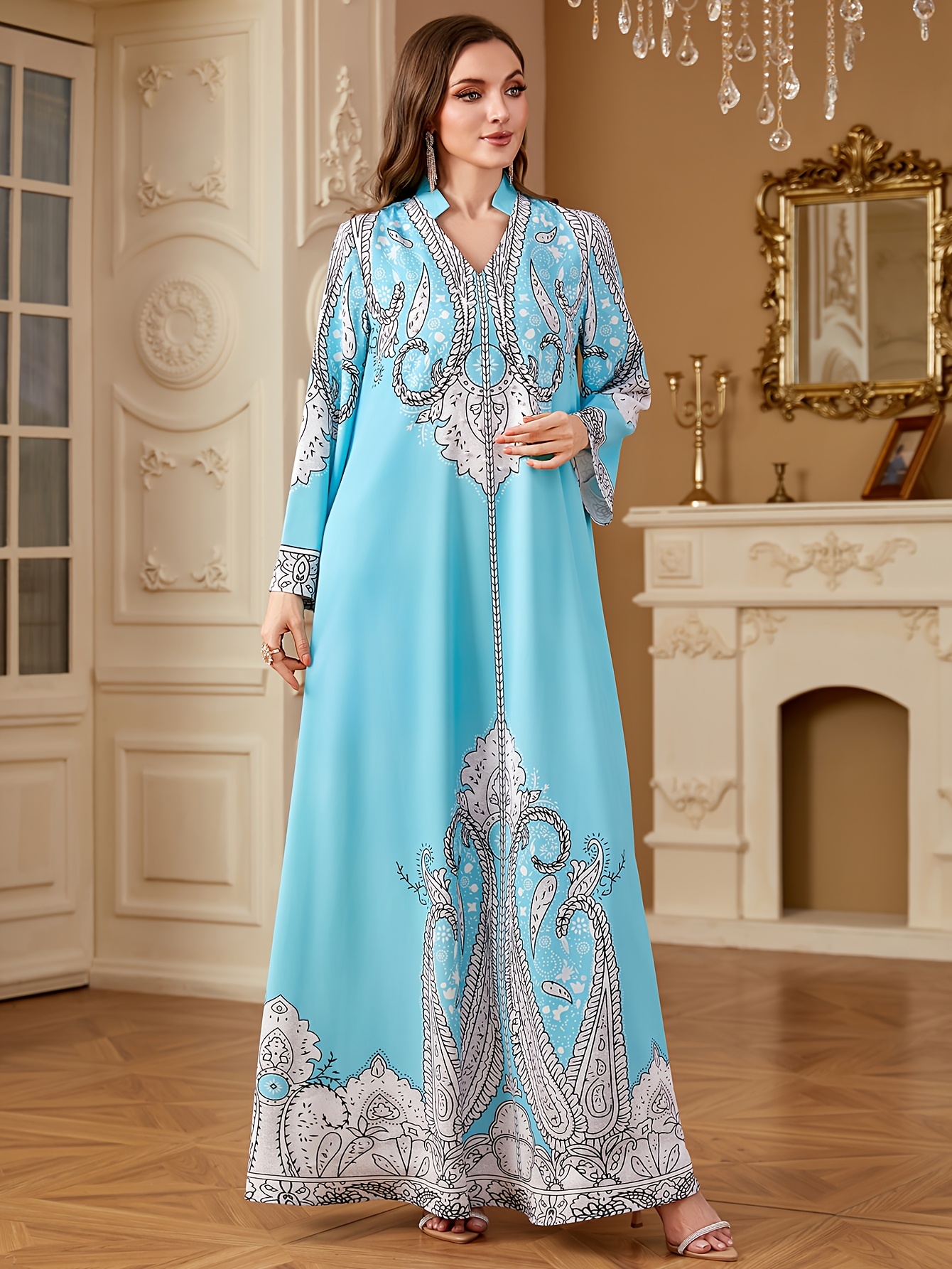 ladies geometric pattern long sleeve a line dress elegant - Temu