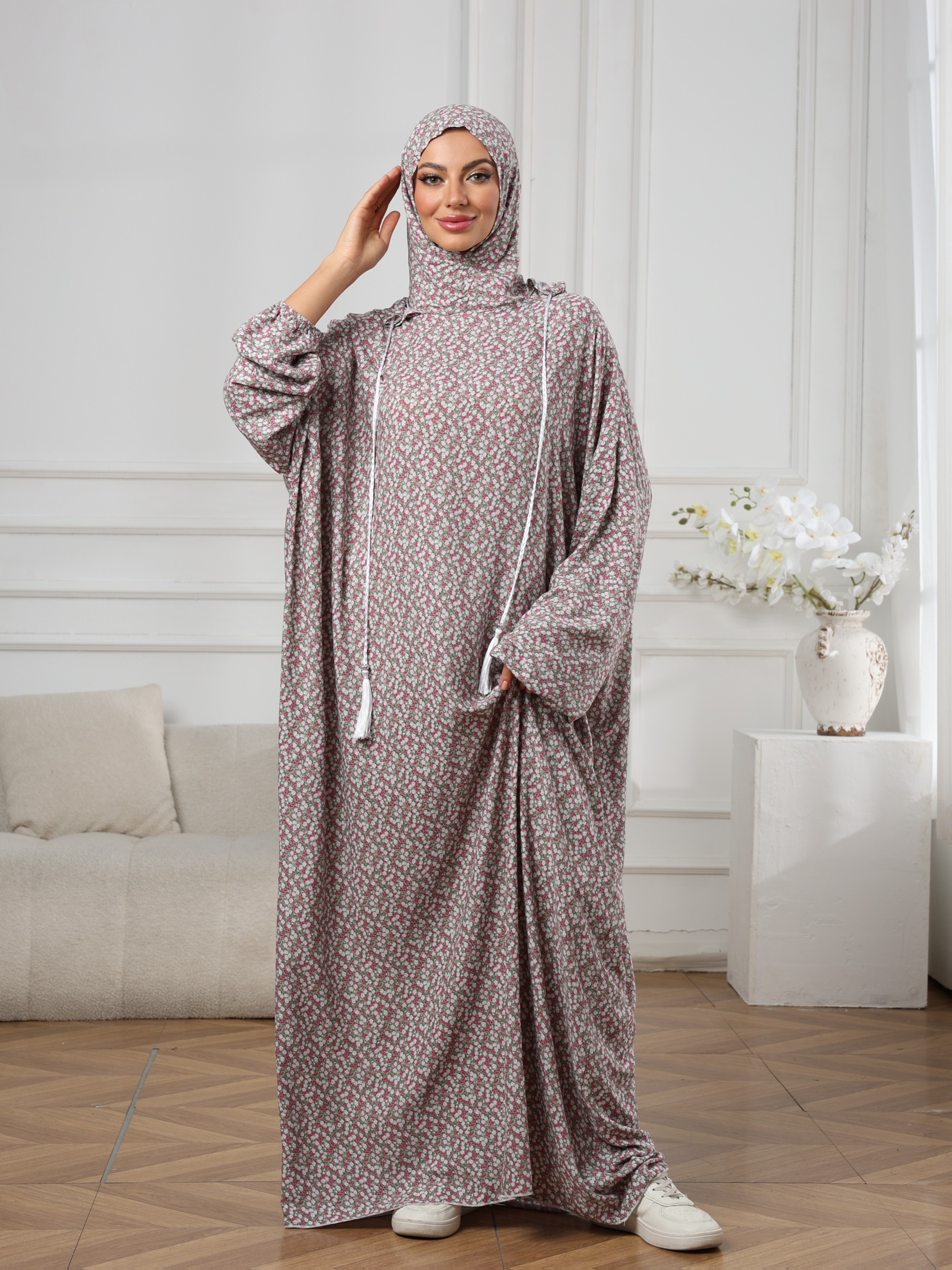Elegant Middle Eastern Ladies' Fashion Printed Abaya with Double Hood and Drawstring | Ditsy Floral Pattern, Lantern Sleeves, Long, Loose Fit for Spring/Summer/Fall