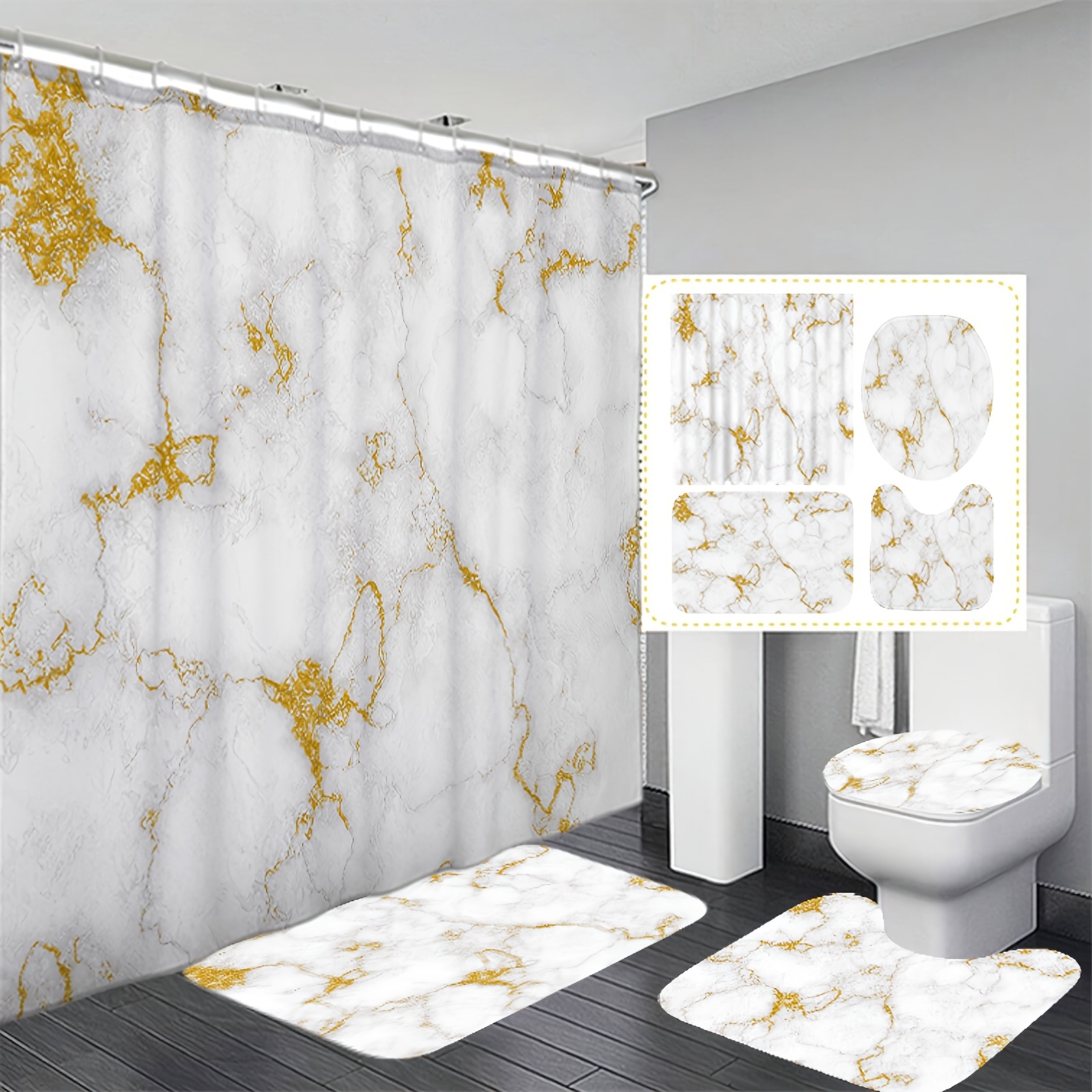 

1/3/4pcs Marbled Digital Print Waterproof Shower Curtains And Carpets Modern Home Bathroom Decor Shower Curtains With Carpet And Toilet Lid