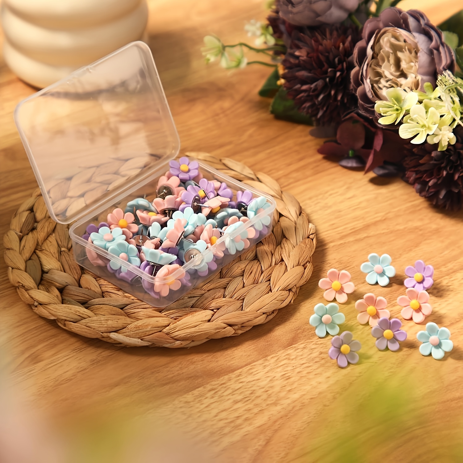 Image of 16pcs 3 Colorful Floral Push Pins - Resin Thumbtacks With Color-coded Flower For Bulletin Boards, Cork Boards - Decorative & Functional Office Supplies Suitable For Home, Workplace Organization