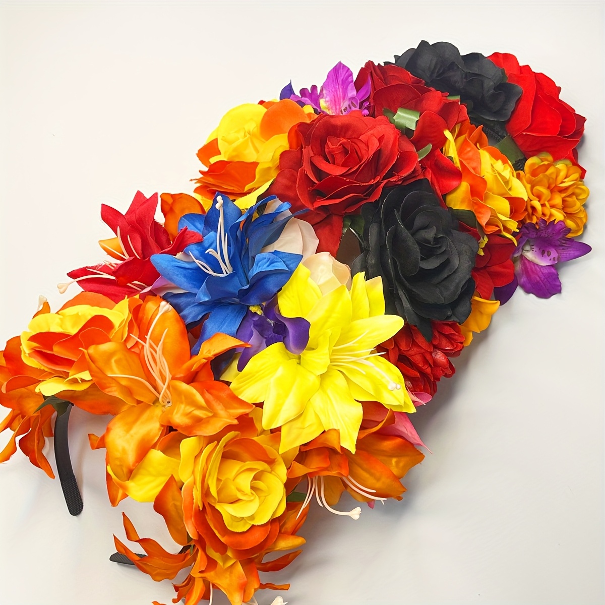 Haarreif Mit Schwarzen Rosen & Federn – Mexikanische Blume Für Festivals