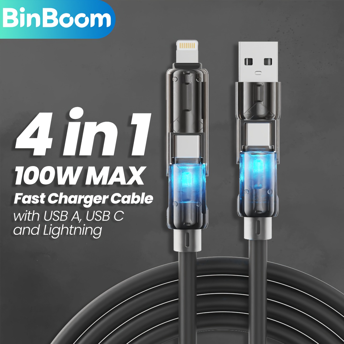 

Binboom 4 In 1 100w Charging Cable, Pvc Round Matte Usb A To Usb C & Lightning, Male To Male, 50-80w Power Range, For Iphone, Ipad, Samsung, Macbook