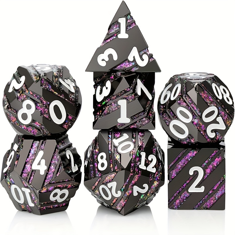 

7pcs Striped Purple Zinc Alloy Polyhedral Dice Set, - Dice For Rpgs, Customizable Metal Dice