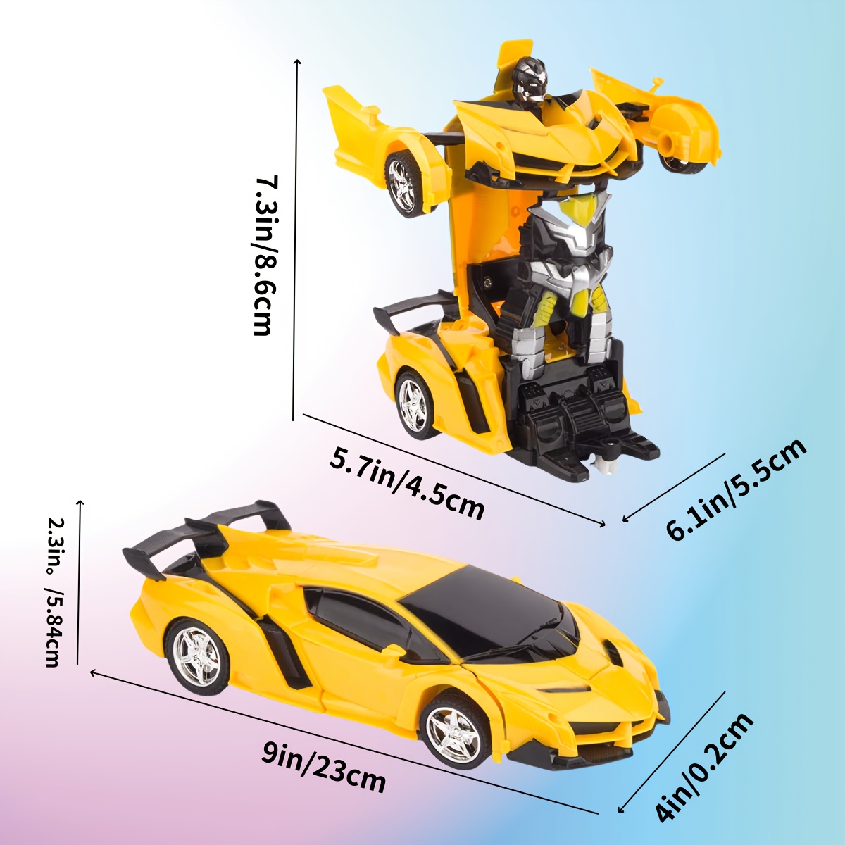 1:18 Scale Yellow Robot Transforming Remote Control Car for Youngsters - 360° Rotating LED Lights, 14KM/H, Rechargeable Lithium Battery (800mAh*2), USB Charging, Flashing Taillights & Headlights, Futuristic Design - Perfect Christmas or Birthday Gift, Fun Outdoor Play | Sleek Aerodynamic Design | Rechargeable Toy, SHOLLAR