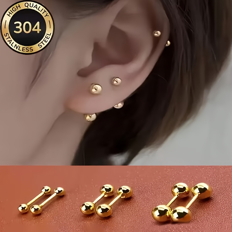E-shop 6-teiliges Set Ohrstecker mit Kugel Stift aus 18K vergoldetem Edelstahl 304 - Hypoallergener Piercingschmuck in Langhantel-Stil in mehreren