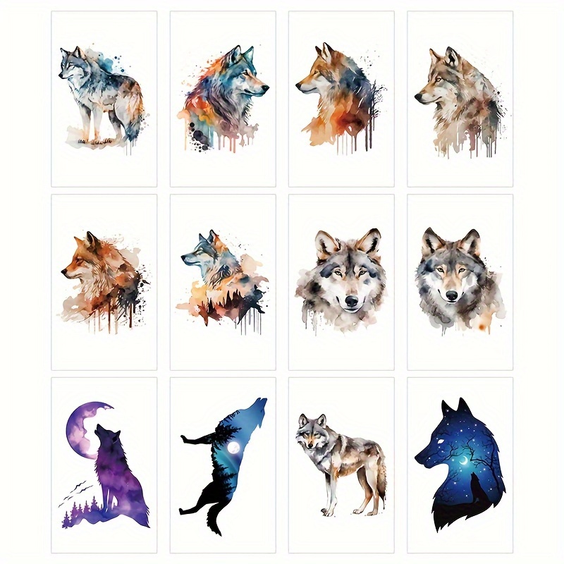 

12 Pack Of Watercolor Wolf Temporary Tattoos: Animal Party Favorites - Body Art, Size: 10x6cm - Waterproof And Long-lasting Fake Tattoo Stickers