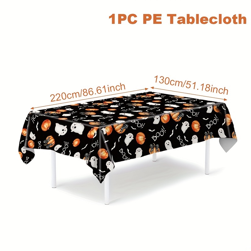 Image of 1pc, Halloween Boo Pumpkin Design Pe Tablecloth, 220 X 130cm, Happy Halloween Decoration For Home, Festive Atmosphere Decoration, Trick Or Treat Party Supplies, Halloween Party Tablecovers