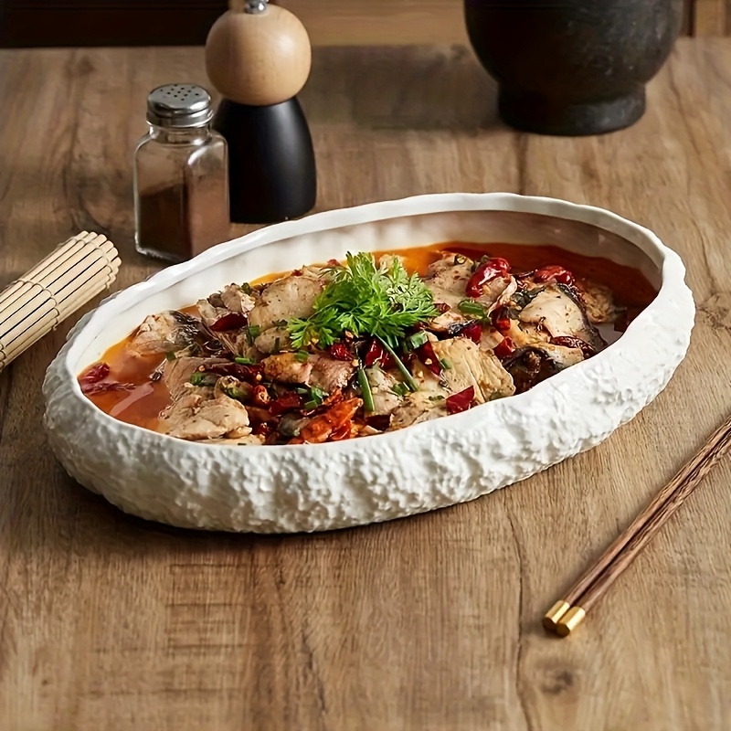 2pcs Set of Large Ceramic Fish Plates with Rock Pattern - Perfect for Steaming Fish, Lobster And Seafood - Elegant Tableware for Fine Dining Restaurants And Home Use