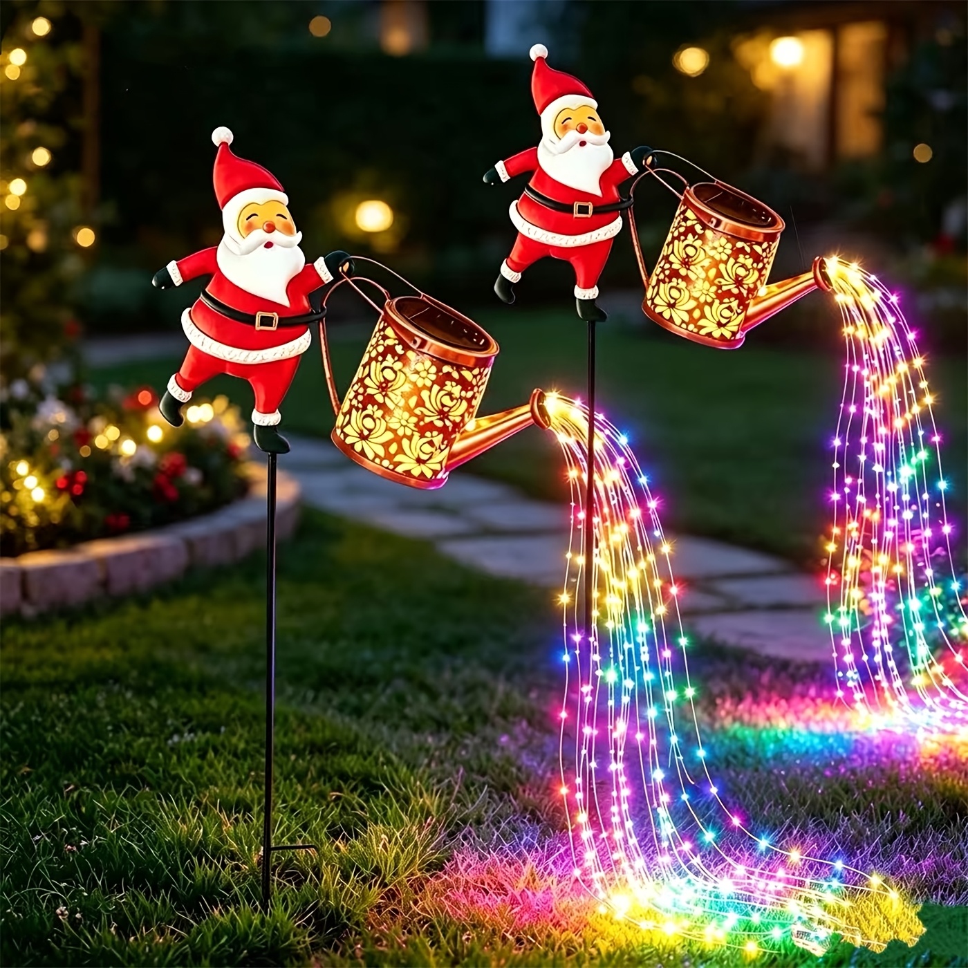 TEMU 2-pack Outdoor Solar, Santa Claus Watering Can Projection Stake Lamps, Illuminated Holiday Displays, Christmas Walkway Lawn Decorations, Xmas