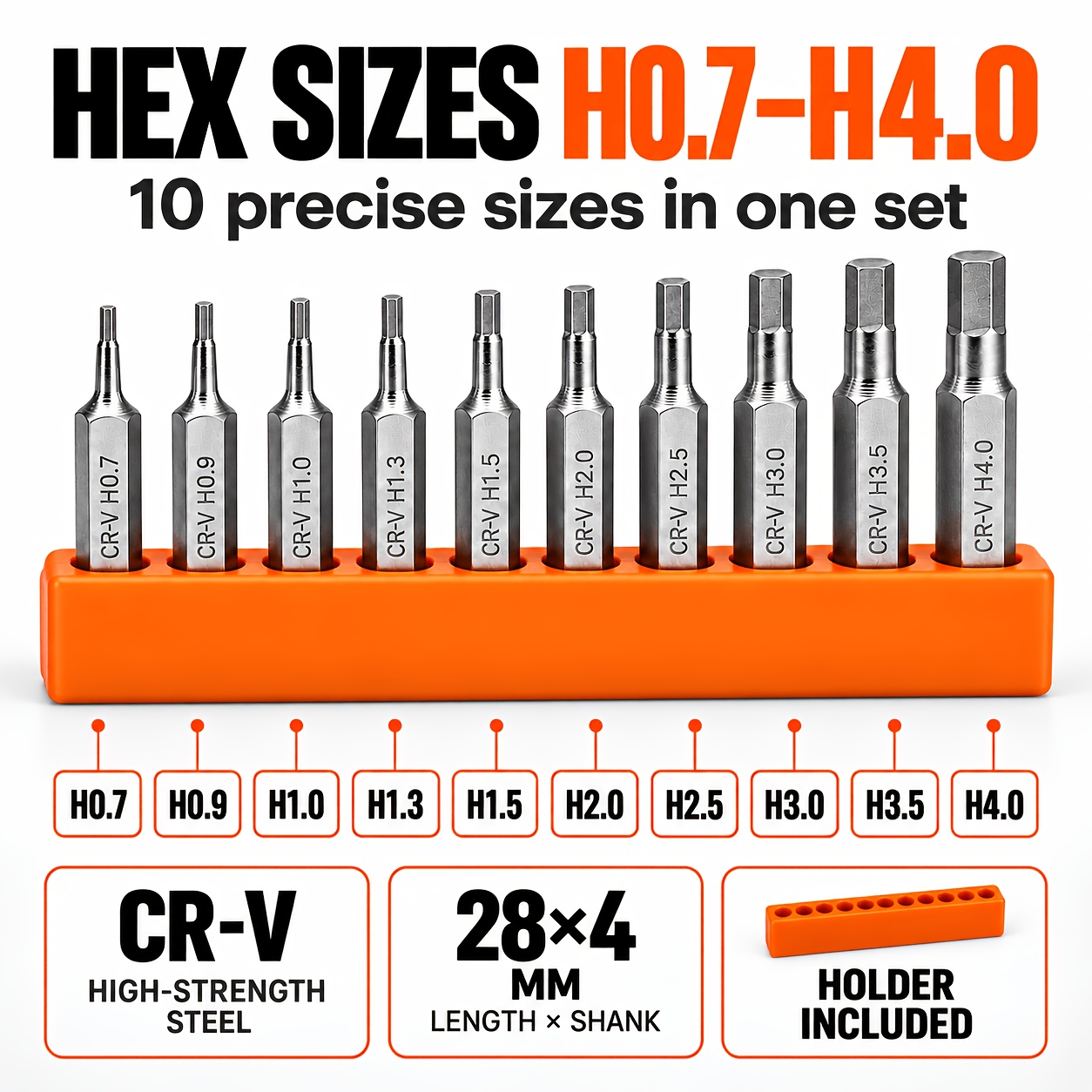 TEMU 10pcs Hex Bit Set H0.7-h4.0, Allen Driver Bits, 28mm Length 4mm Shank, Non-magnetic Precision Screwdriver Bits With Holder