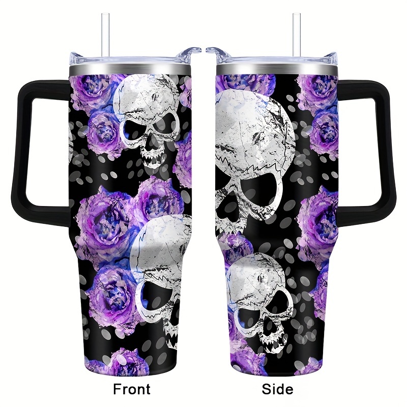 

40oz Stainless Steel With Handle, Lid & Straw - Insulated Travel Mug, Leak-proof, Bpa-free, Gothic Purple Roses & Design - Ideal For Halloween, Christmas, Valentine's Of The Dead Gifts