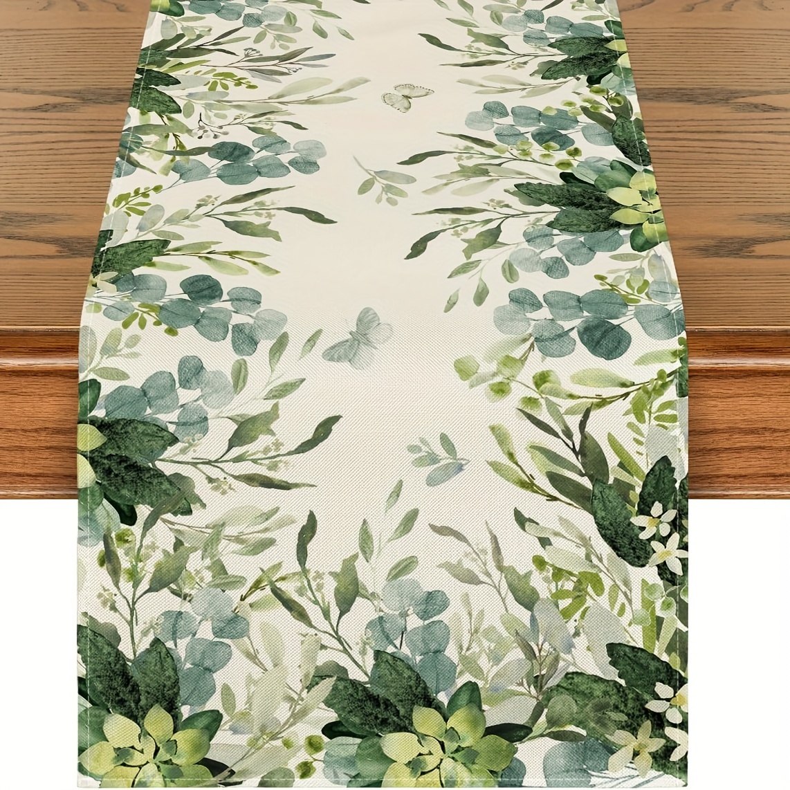 

1pc Linen Table Runner, Green Flowers And Eucalyptus Design, Spring Theme Home Party Table Decor, Seasonal Kitchen Dining Table Decoration