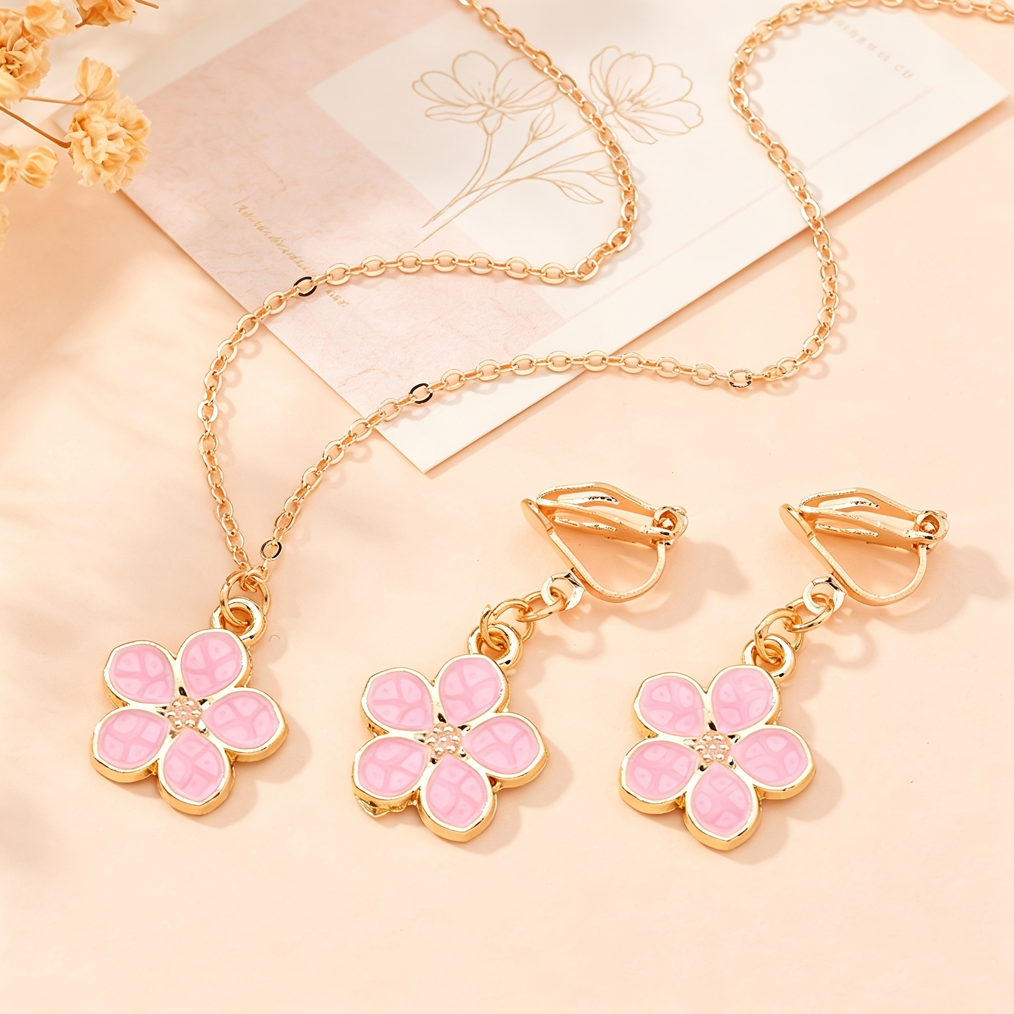 TEMU A 3pcs Small Flower Set: Pendant Necklace And Clip-on Earrings. Bright And Cute With Ear-protecting Design. Adjustable Necklace Length. Set