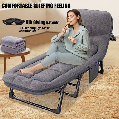 75 adjustable portable folding bed with pillow blanket eye mask 550 lbs capacity gray fabric ideal for camping home and office use foldable bed