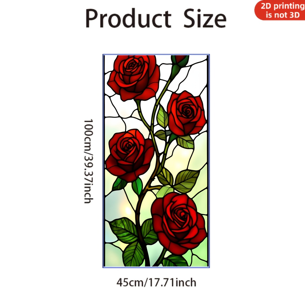 TEMU 2d Flat, 2d Flat Static Cling Red Roses With Green Leaves Window Film Ornament For Living Room And Bedroom Removable, 2d Flat