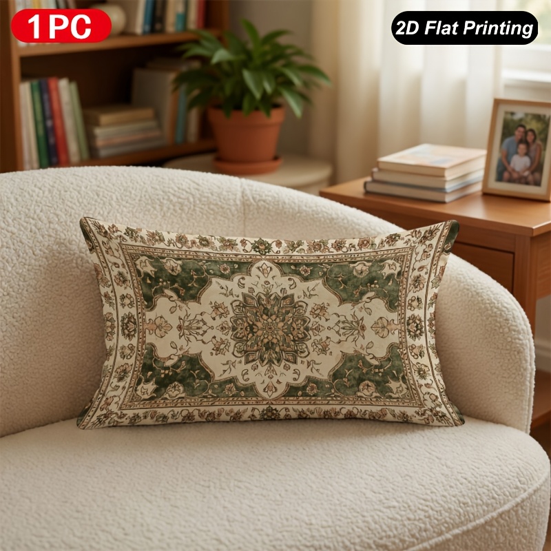 TEMU 1pc 2d Flat Printing Lumbar Throw Pillow Cover Persian Floral Rug Pillow Cover For Indoor Outdoor Farm Bedroom Living Room Sofa Car Interior