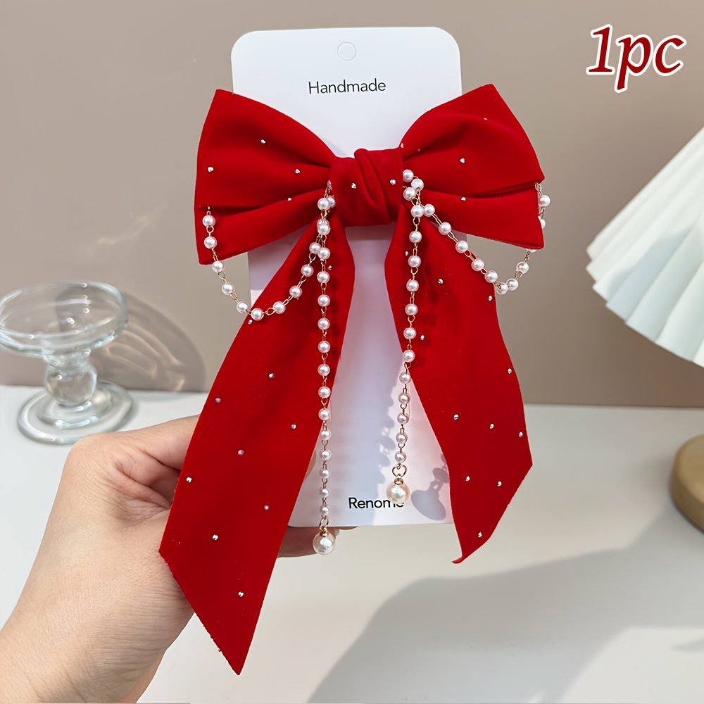 TEMU 1pc Elegant Velvet Bow Hair Clips With Tassel Solid Color Bow Hairpins Party Hair Accessories Perfect For Teens Daily Wear Ideal For Party Looks