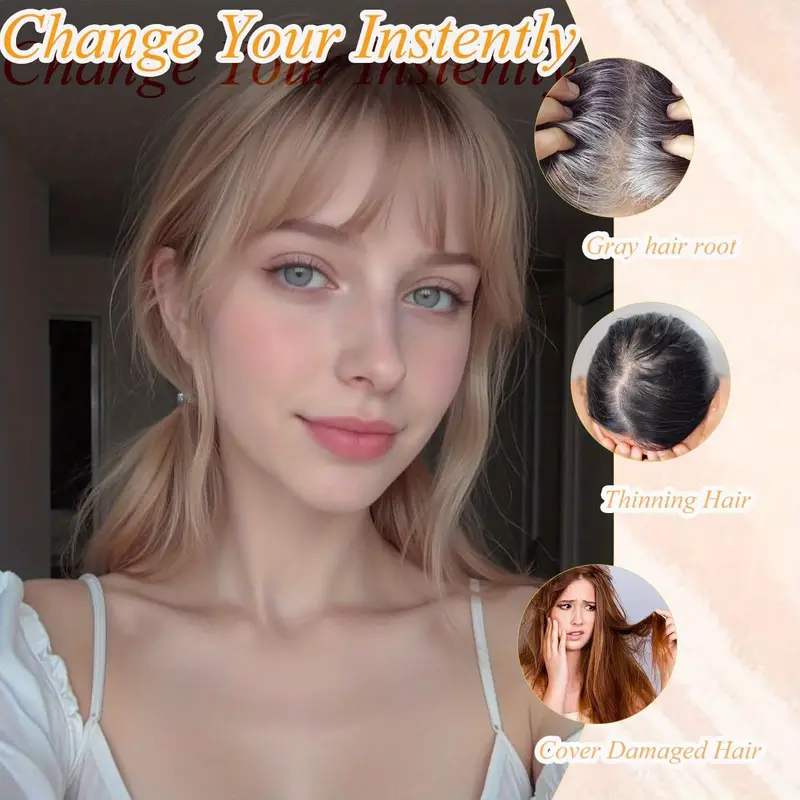 womens 3d topper with bangs looking straight synthetic hair piece for thinning hair blonde with dark roots frontal scalp coverage for daily wear hair loss solution Product details 1