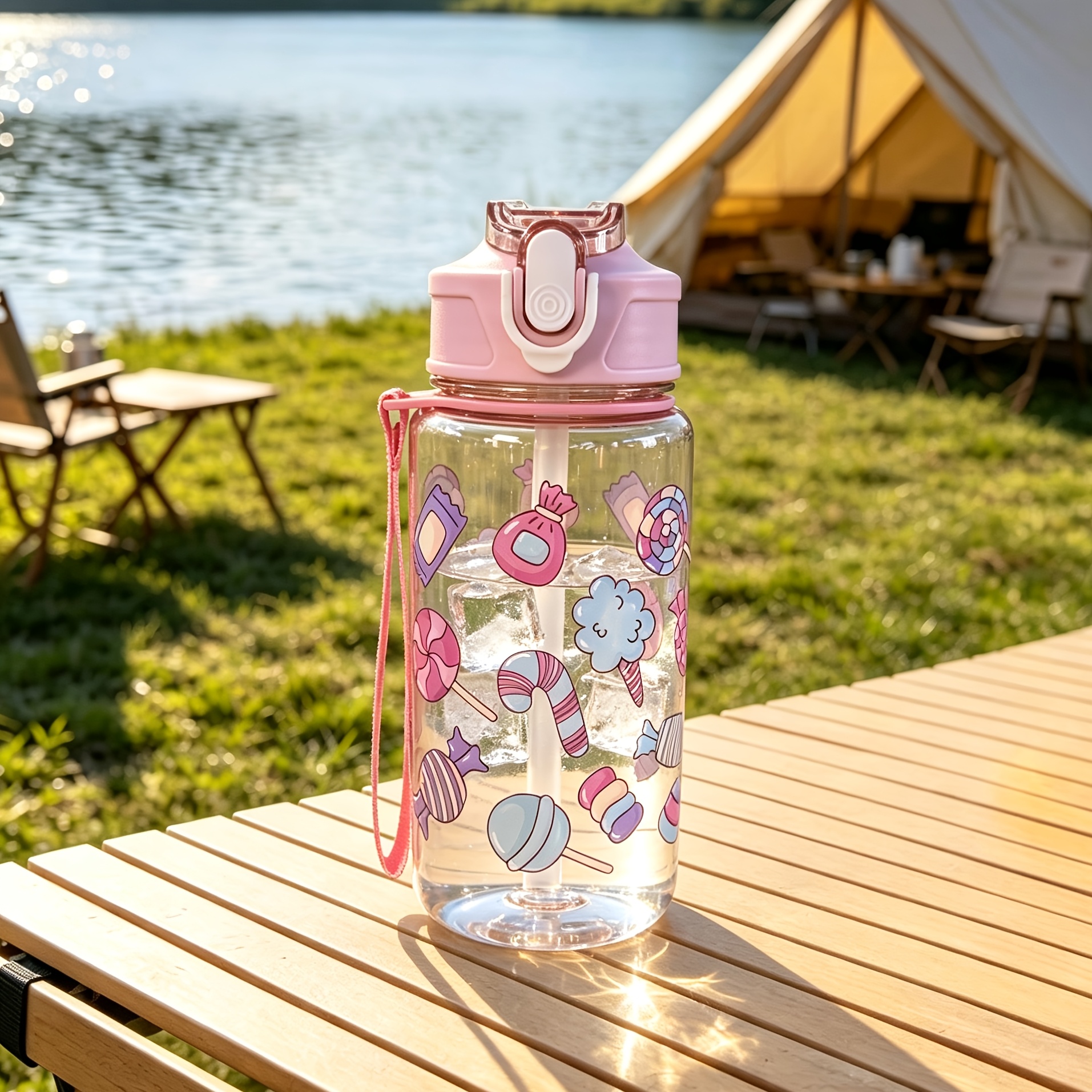 TEMU 500ml Cute Cartoon Themed Straw Water Cup, Back-to- Sports Outdoor Household Water Bottle, Suitable For Camping, With Carrying Strap, Portable