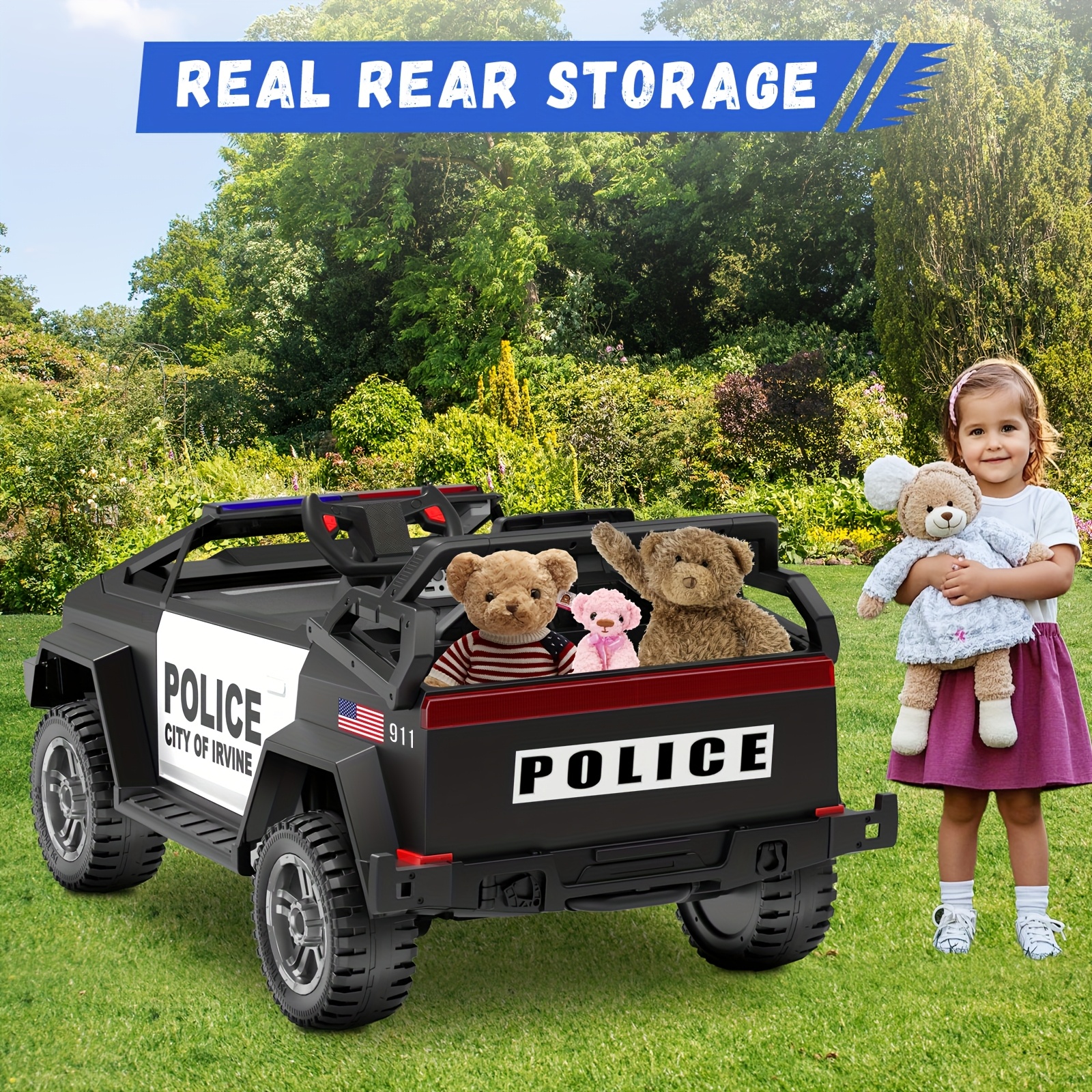 24V Youngsters' Remote-Controlled Police Car with Remote Control, Alarm, Flashing, Music, Spring Suspension, Suitable for 3-8-year-old Girls and Boys' Birthdays or Various Holiday Gifts