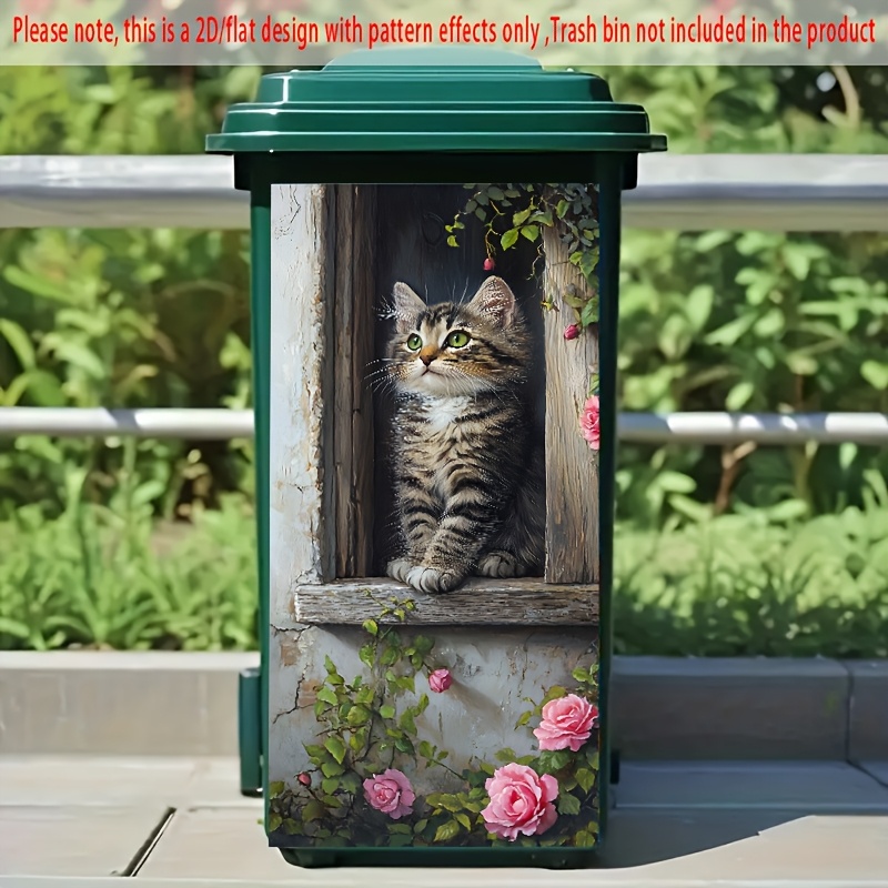 Image of 1pc 2d/flat Trash Bin Sticker, 14.57*32.28inch Cute Cat With Roses By The Window Design, Creative Decal For Kitchen, Wall And Trash Bin Decoration