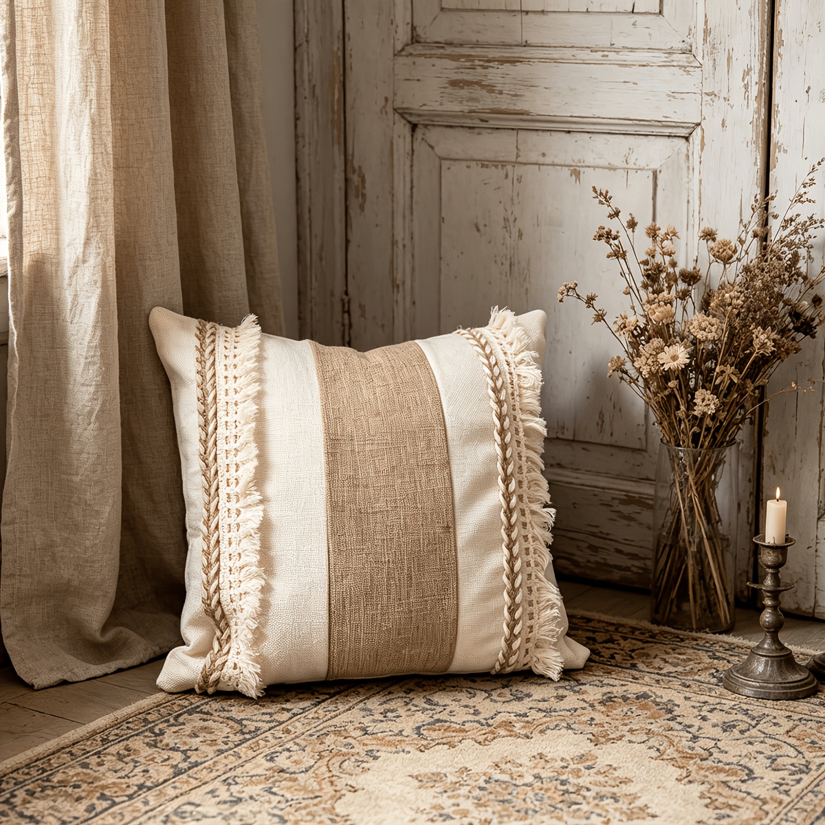 TEMU 1pc Striped Tassel Throw Pillow Cover, Boho Farmhouse Cushion Case, Handmade Braided Fringe Decorative Pillowcase For Sofa Couch Bed Home Decor,