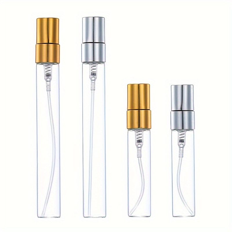 

5pcs 10ml/5ml Portable Sample Glass Perfume Bottles, Refillable Golden & Silver Mini Spray Bottles, Travel Essentials, Ideal For Office & Home Use