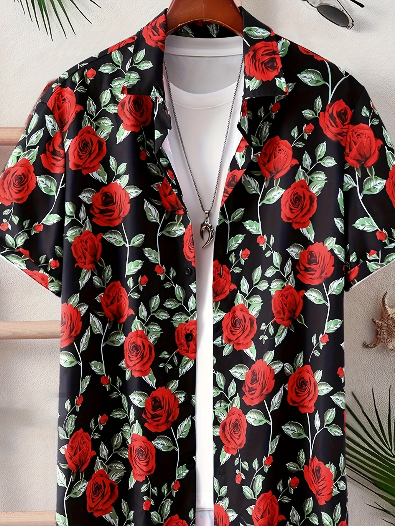 mens stylish rose botanical shirt short sleeve - Temu