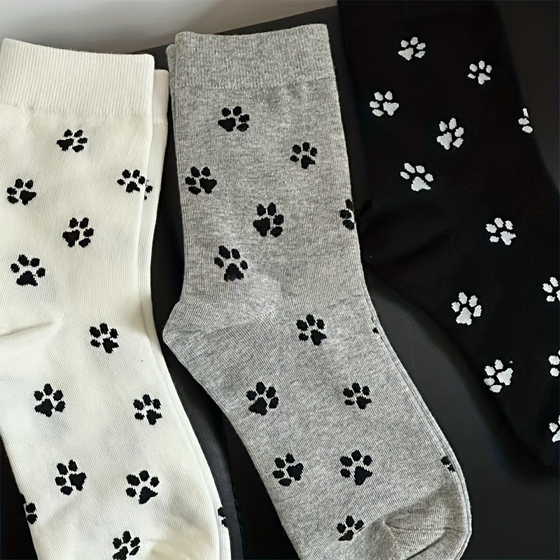 

3-pack Cozy Mid-calf Socks For Women, Geometric Paw , 97% Polyester 3% Spandex, Knitted Fabric, Lightweight 280g/m², Hand Wash/