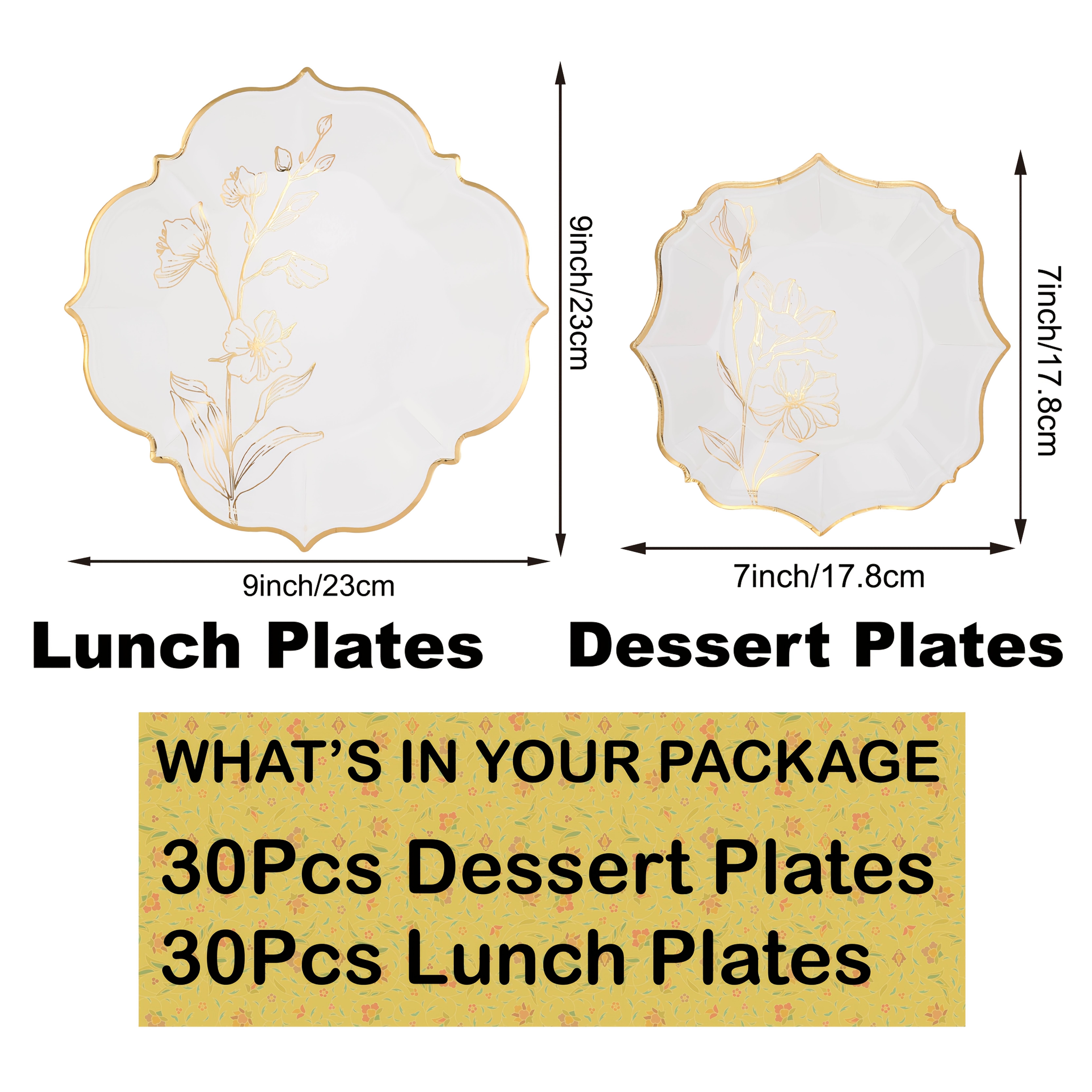 TEMU 60-pack Big Book White & Golden Floral Scalloped Paper Plates - 7" Dessert & 9" Dinner Plates For Weddings, Bridal Showers, Birthdays,