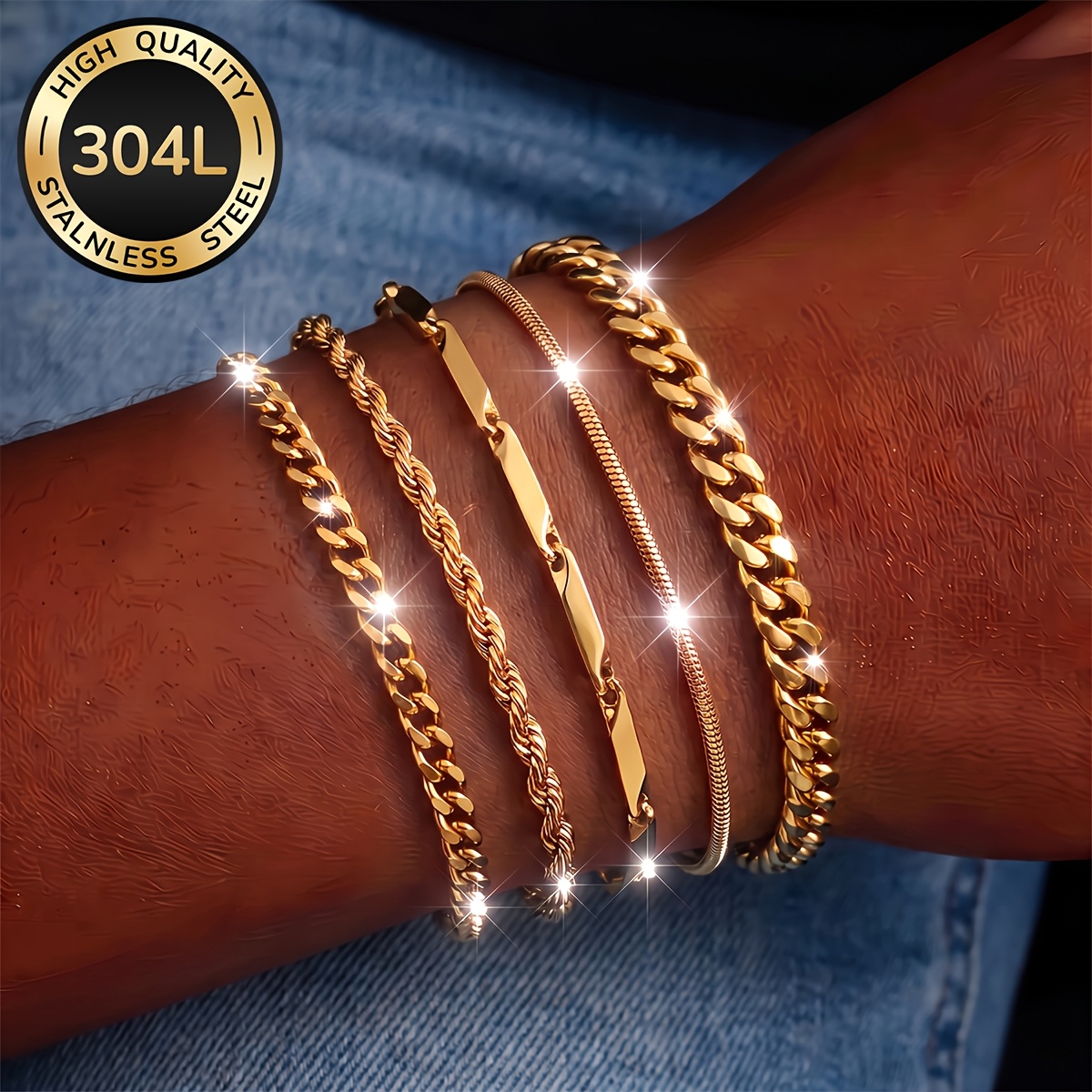 5pcs Set 18K Gold Plated Bracelets for Men