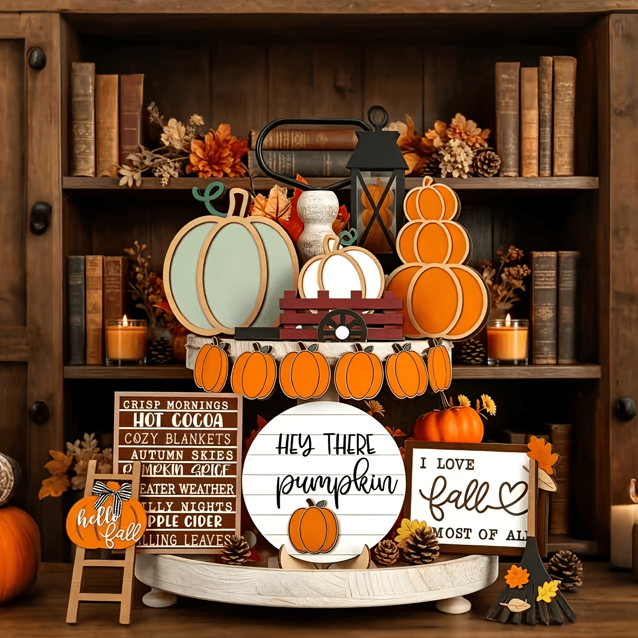TEMU 16pcs Rustic Farmhouse Tiered Tray Decorating Set With Artificial Wood Tabletop Sign - Fall Pumpkin Leaf Table Centerpiece Suitable For
