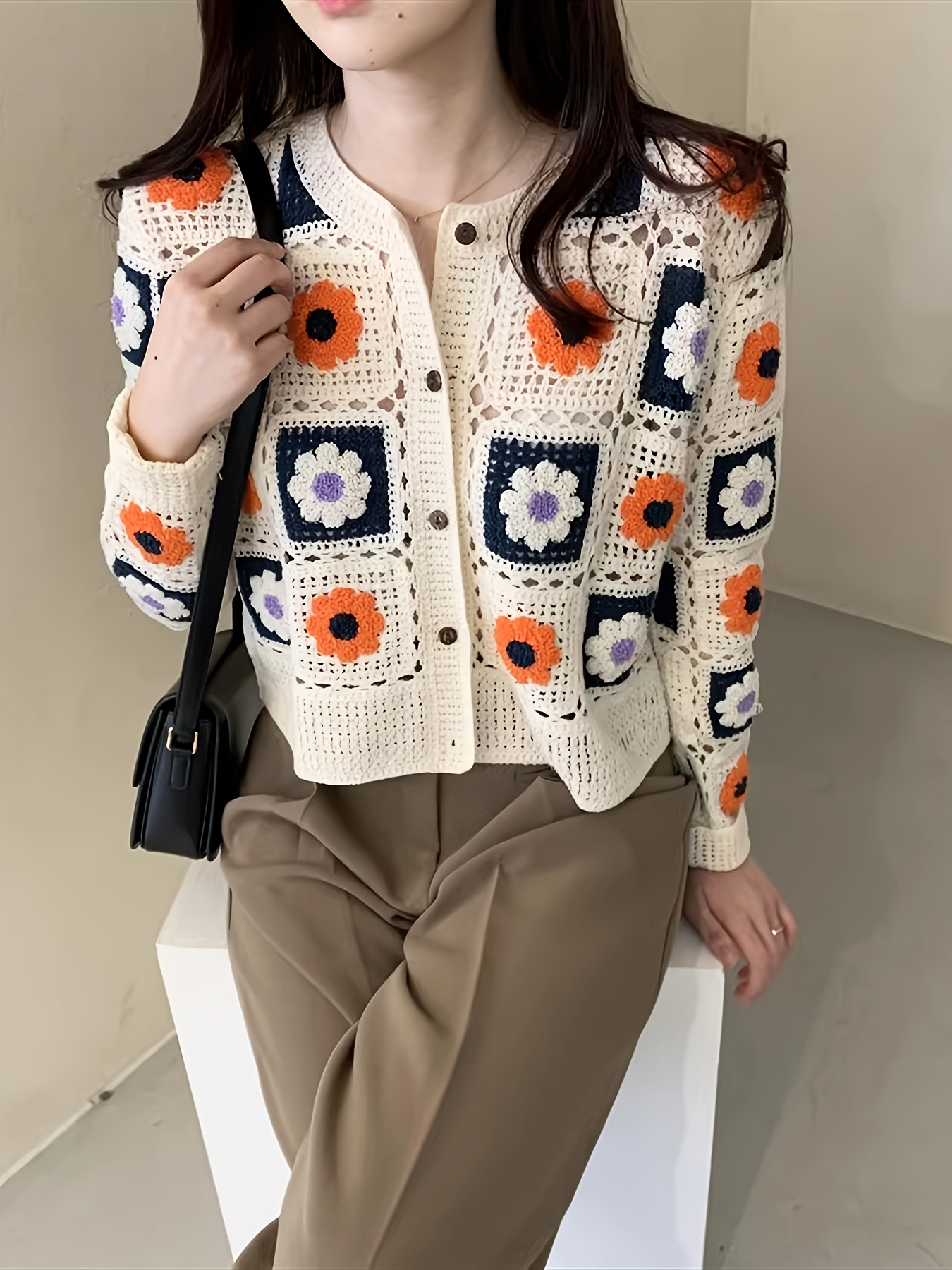 womens floral like cardigan long sleeve sweater orange white Temu