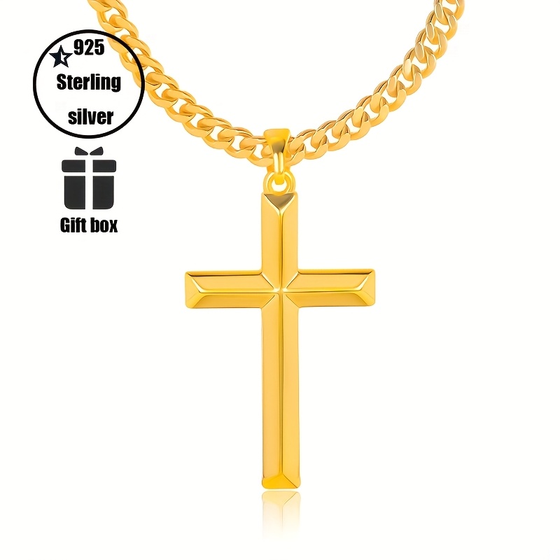 Image of 925 Silver Goldene Cross Pendant Necklace 20"+2" Extender Chain Adjustable Casual Fashion Jewelry Ideal Gift For Birthday Halloween Christmas Christmas Eve Exquisite Gift Box Local Warehouse