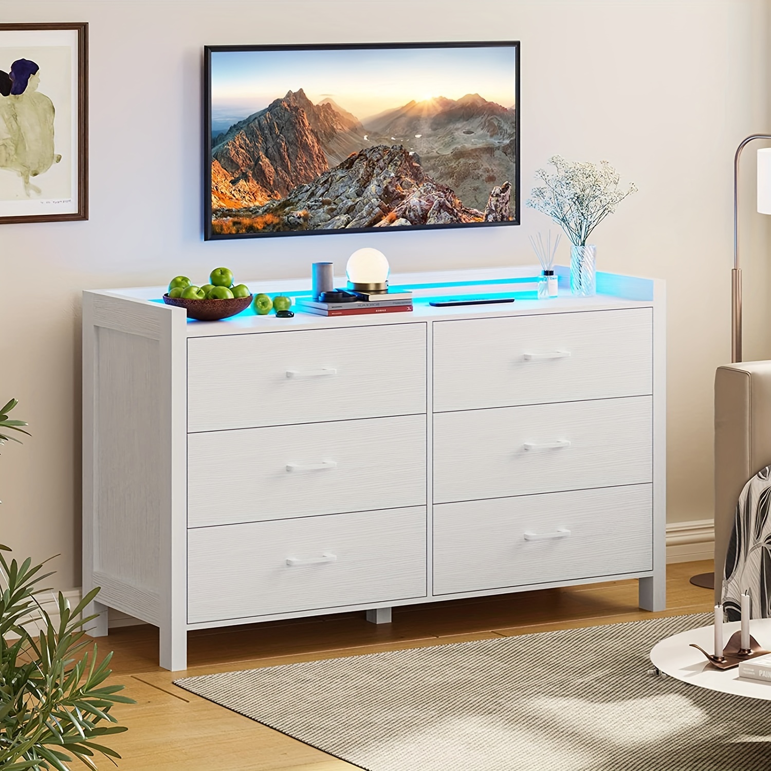 

6 Drawers Dresser With Led Light Tabletop Double Chest Of Drawers For Bedroom Hallway Living Room, White