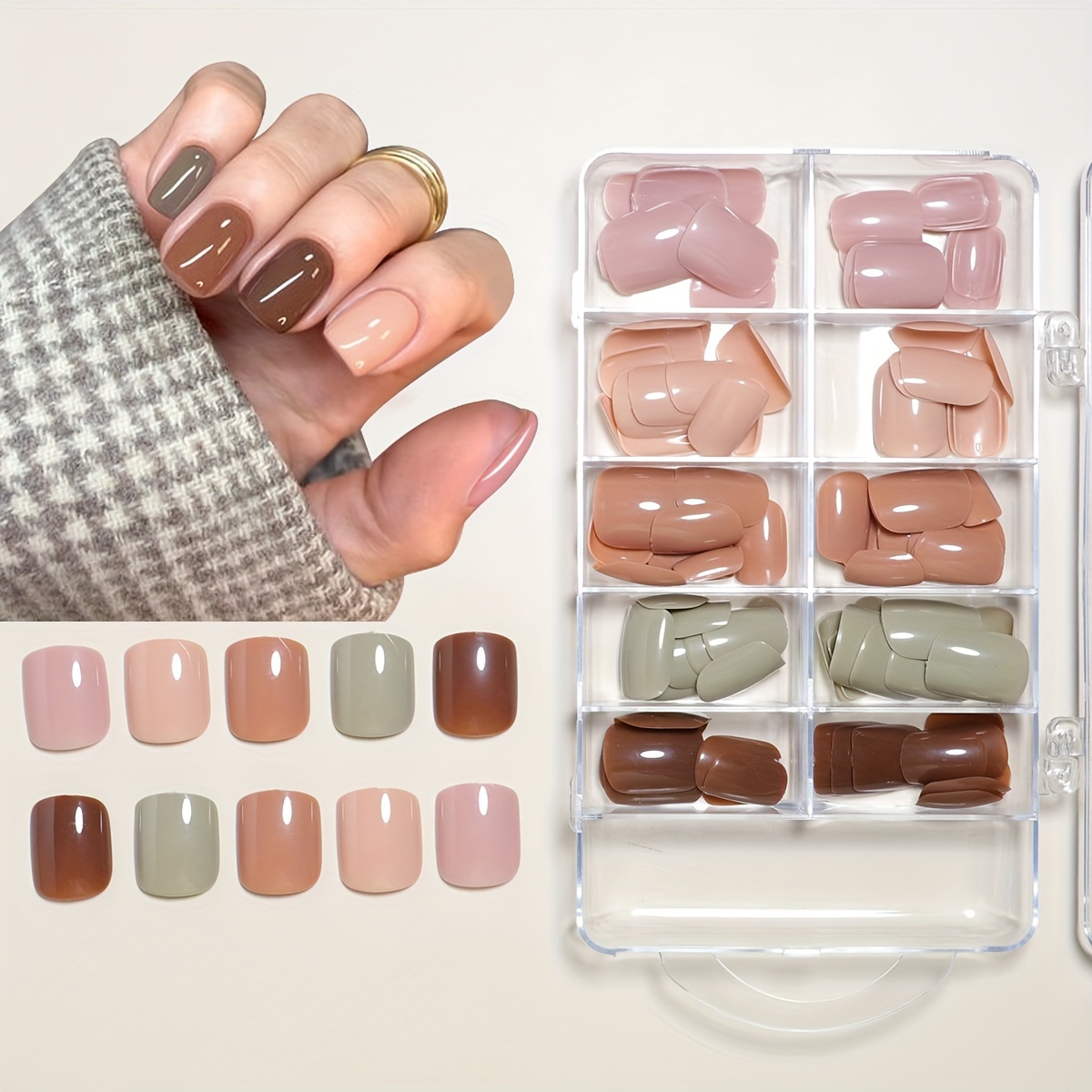 

120-piece Glossy Press-on Nails Set - Short Square, Solid Colors In Brown & Pink, Perfect For Diy Manicures
