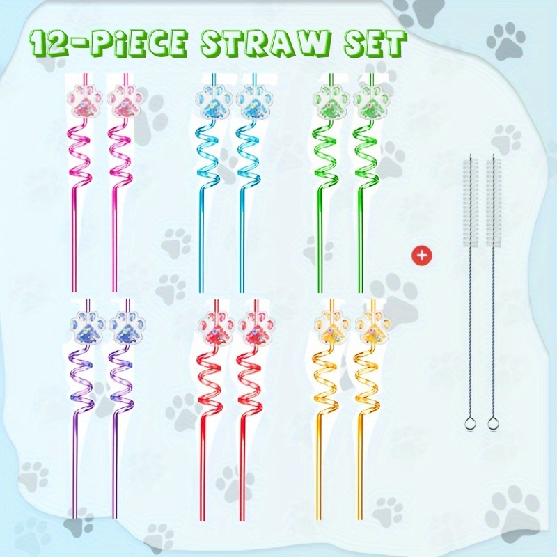 12/24pcs Glitter Sequin Dog Paw Straws Reusable Plastic Spiral Straws Cartoon Pet Theme Party Straws Milk Drinking Straws Birthday Party Party Decoration Drinking Straws With 2 Straw Brushes