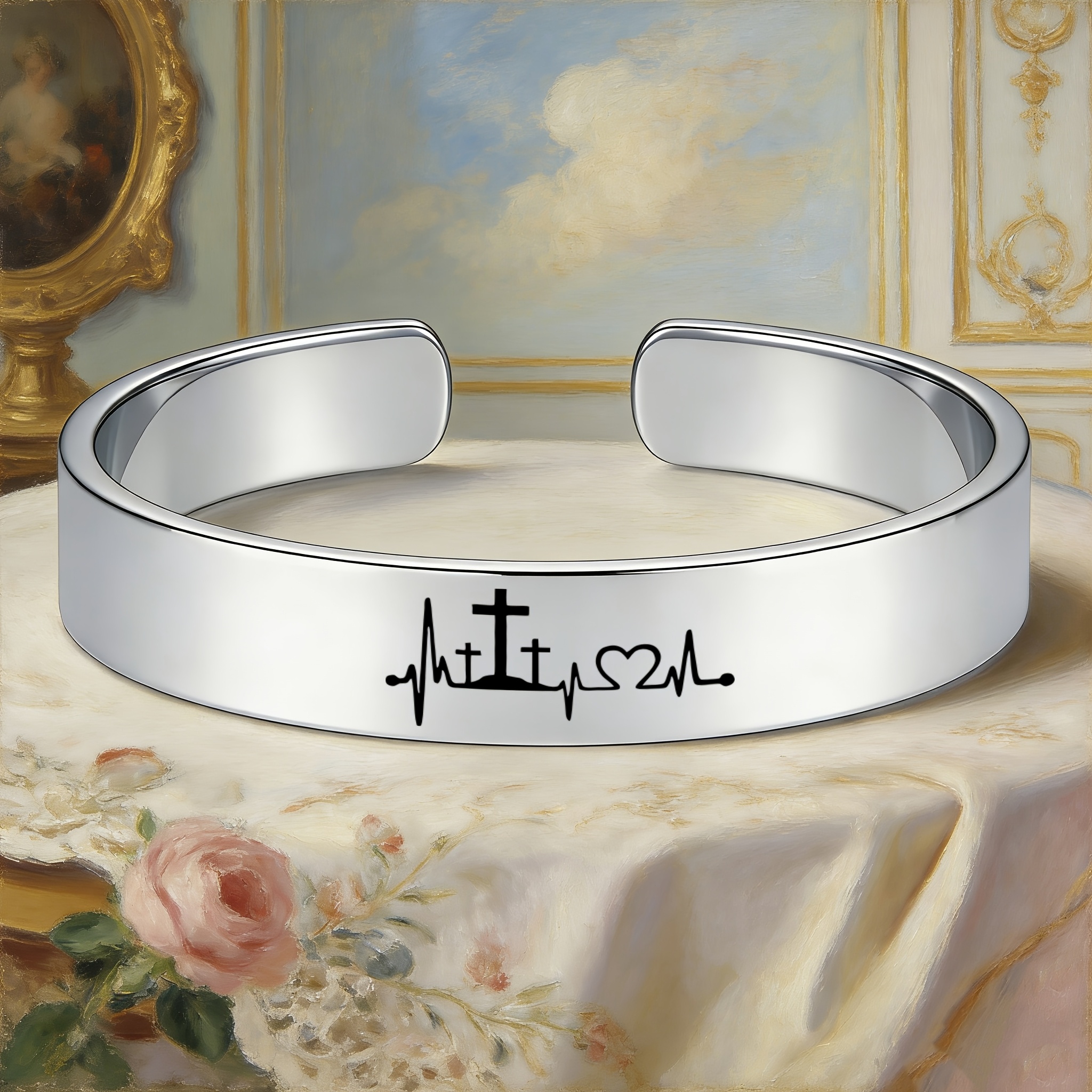 Minimalist Religious Heart Cross Stainless Steel Open Bangle
