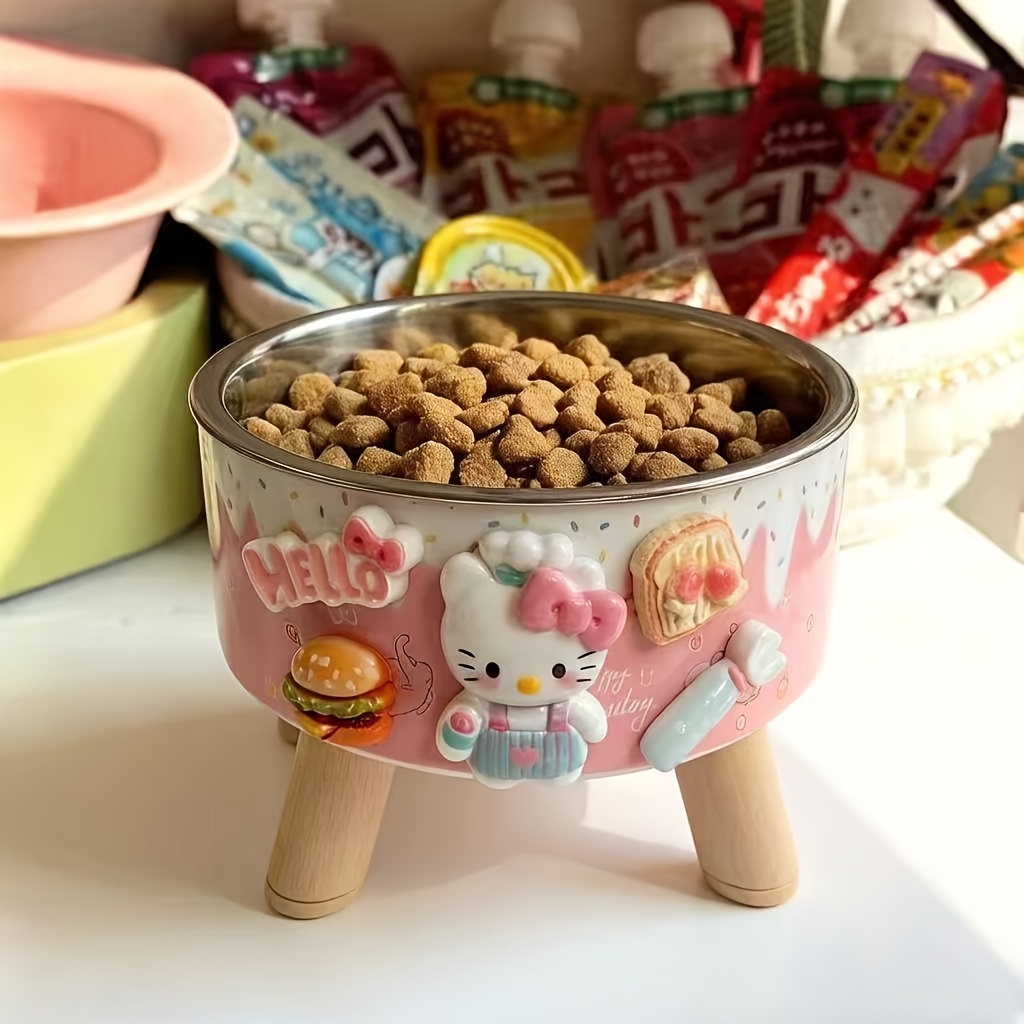 TEMU 1pc Hello Kitty Elevated Pet Bowl, Anti-spill Neck Protection Cat Feeding Bowl, Cute Wooden Stand Small Pet Elevated Food Bowl