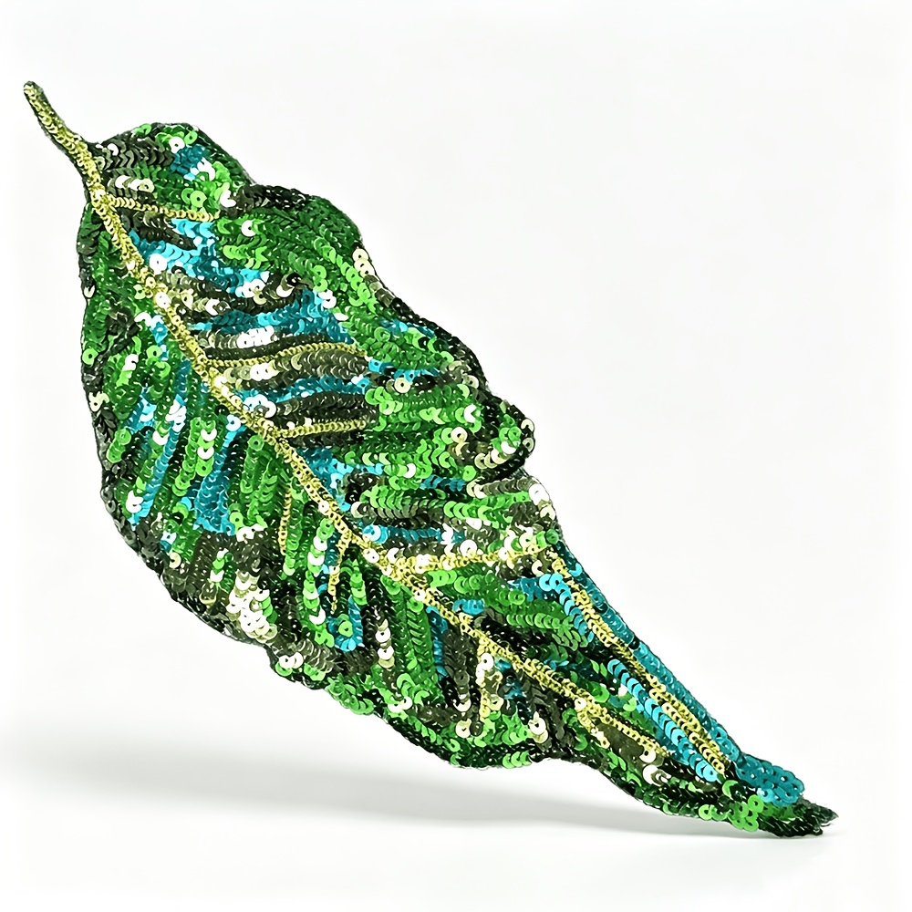 TEMU 1pc Long Leaf Sequined Green Plant Sew On Patch, Diy Handmade Garment Decoration Repair Clothing Craft Ornament Accessory