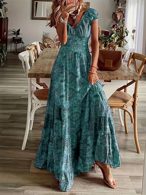 elegant directional new long dress with waist cinching floral print large swing dress womens clothing