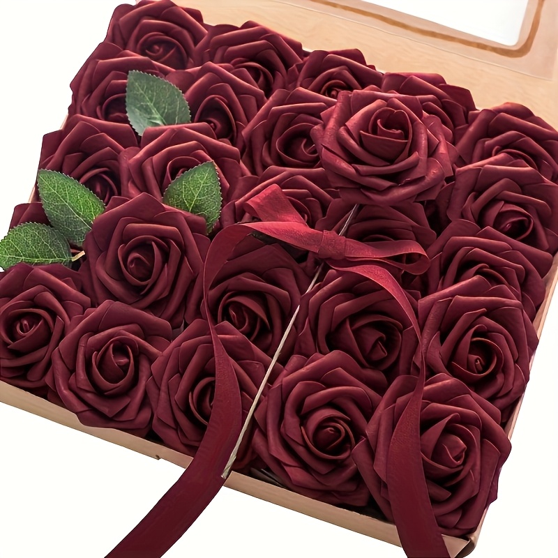 Image of Artificial Flowers 25pcs Real Looking Burgundy Foam Fake Roses With Stems For Wedding Bouquets Shower Centerpieces Party Decorations For Mother's Day And Valentine's Day