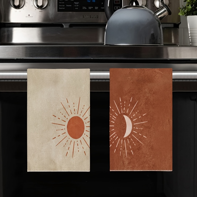 TEMU 2pcs Vintage And Moon Kitchen Towels Decorative, Abstract Minimalist Sunshine Dish Towels Cloths Dishcloths Tea Towel Gifts, Bohemian Bathroom
