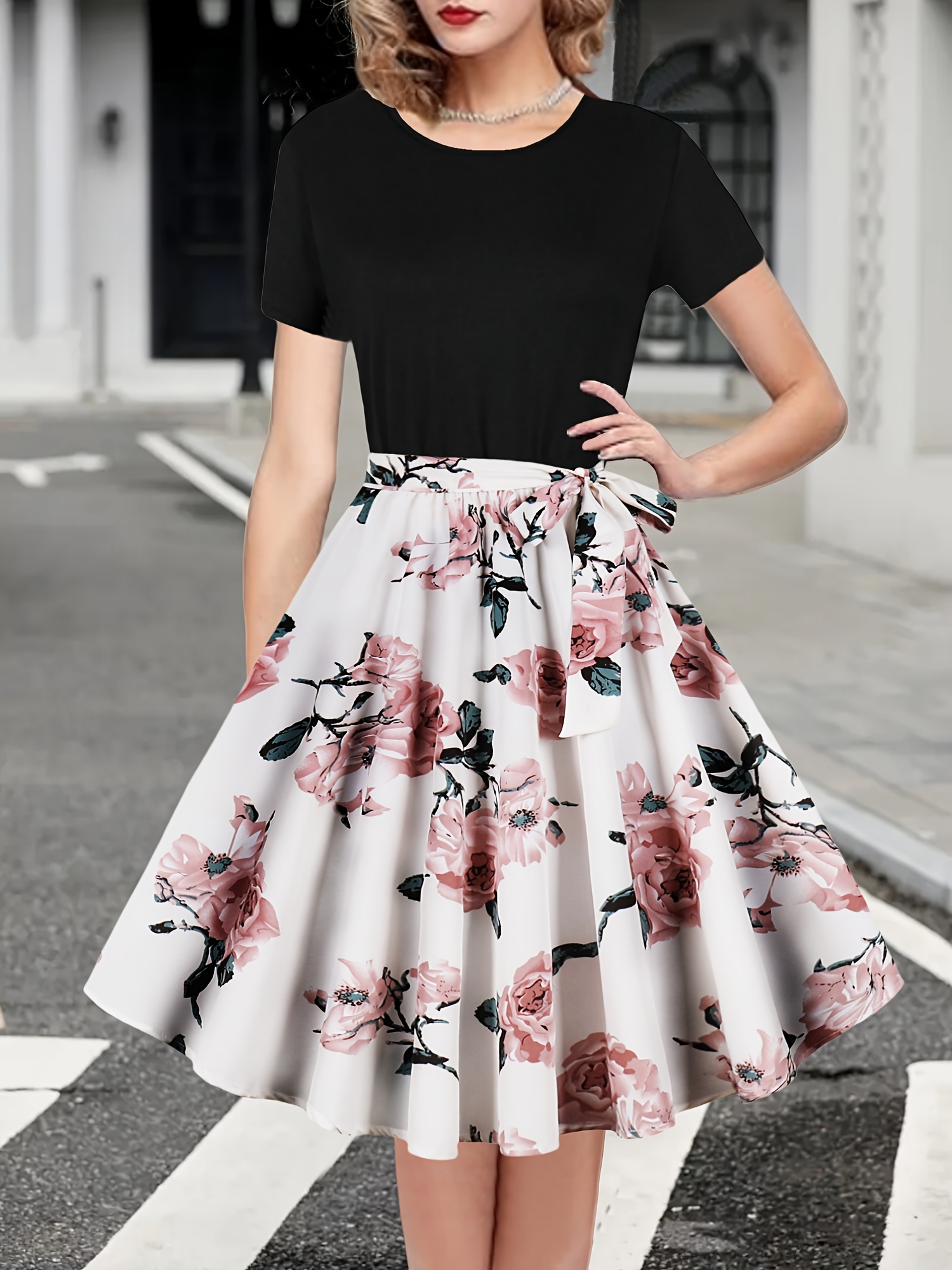 Women's Elegant A-Line Summer Dress with Floral Print & Flared Hem -  Stretchy Machine-Washable Round Neck Party Vacation Casual Dress for Women,  Cute ...